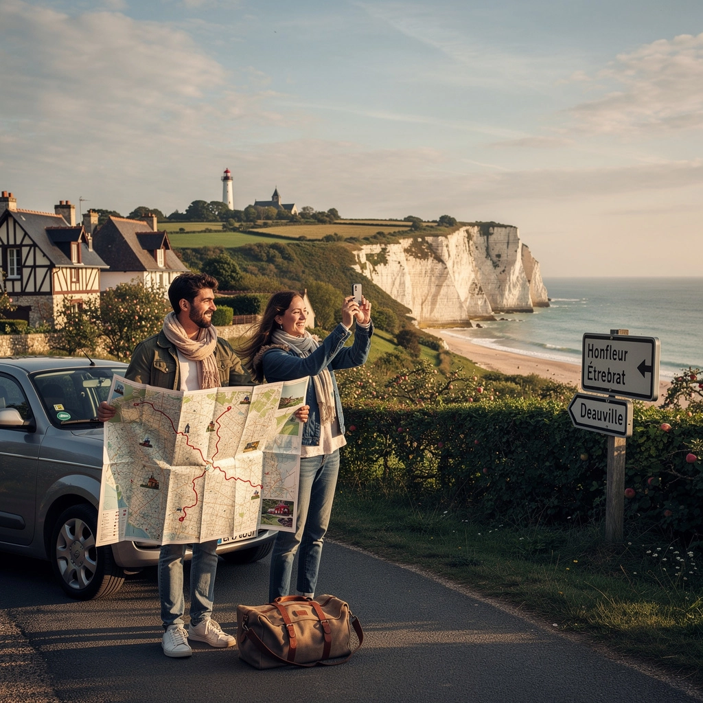 Un couple s'est arrêté en voiture pour admirer la vue sur la plage depuis en haut des falaises. Ils sont en Normandie